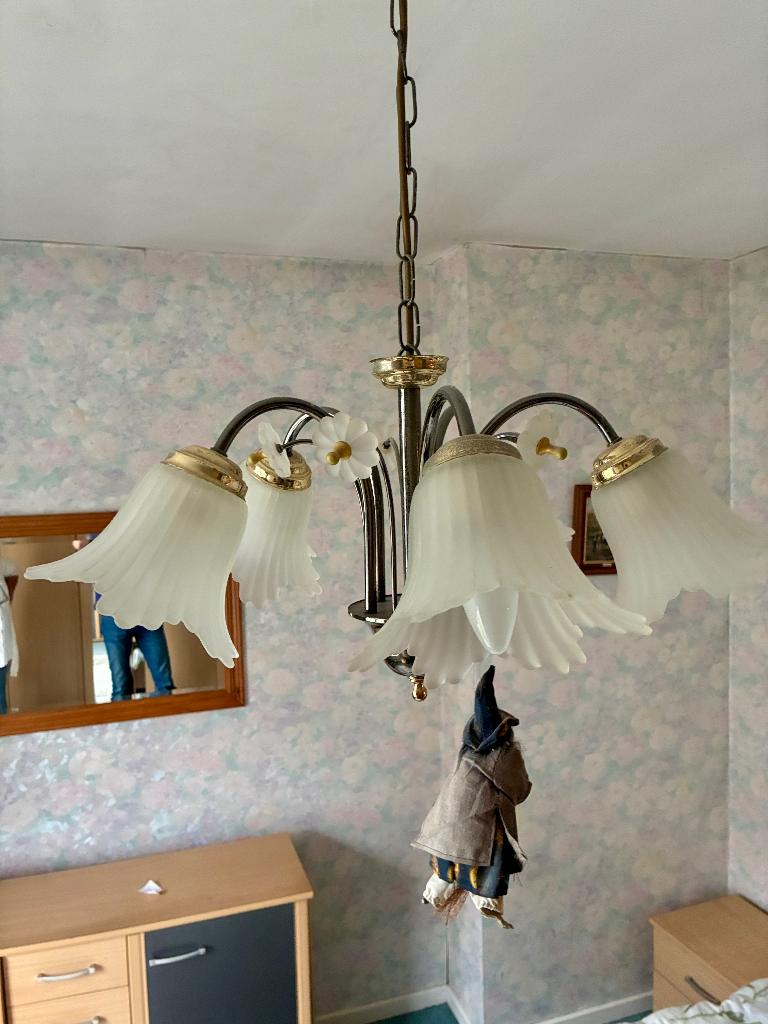 Klassieke Luchter met 5 lampen uit glas, Ophalen, Gebruikt, Glas