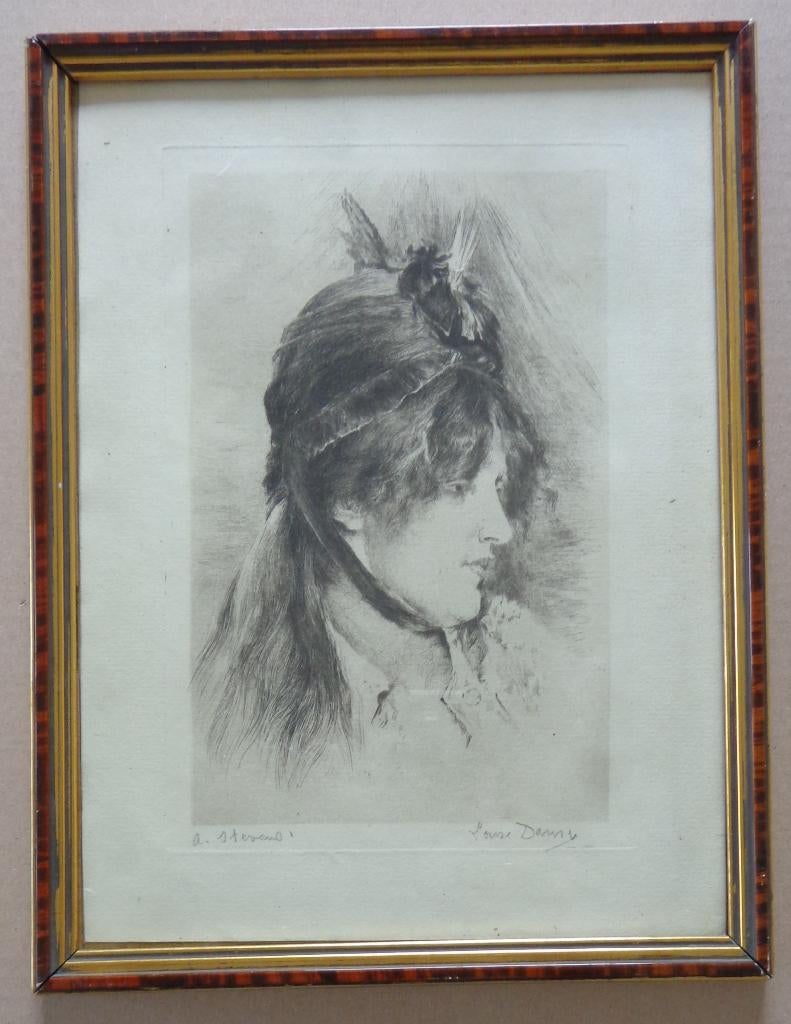 LOUISE DANSE / VROUW MET HOED / ZW-W ETS / 32x24cm / KADER, Eau-forte, Enlèvement ou Envoi, Mythologie, Signé