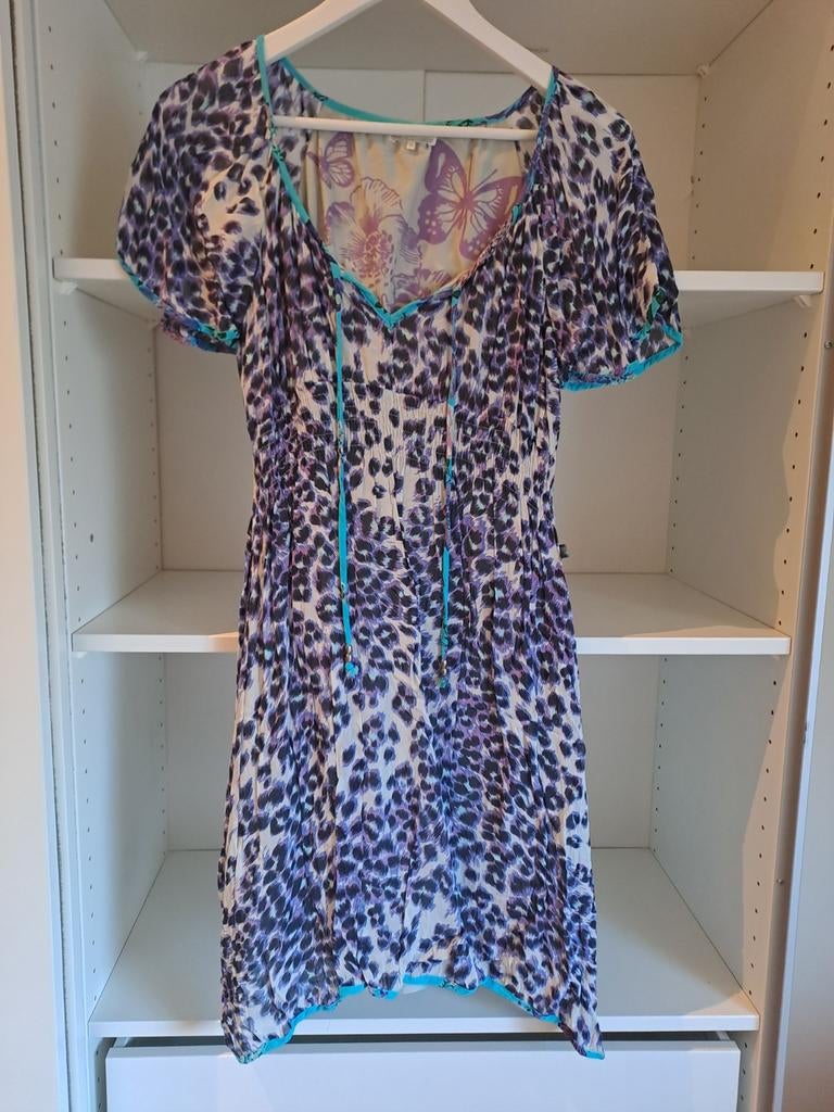 Mt M Jurk met zwart, paars, turquoise pantervlekken, Kleding | Dames, Jurken, Maat 38/40 (M), Paars, Ophalen of Verzenden, Gedragen