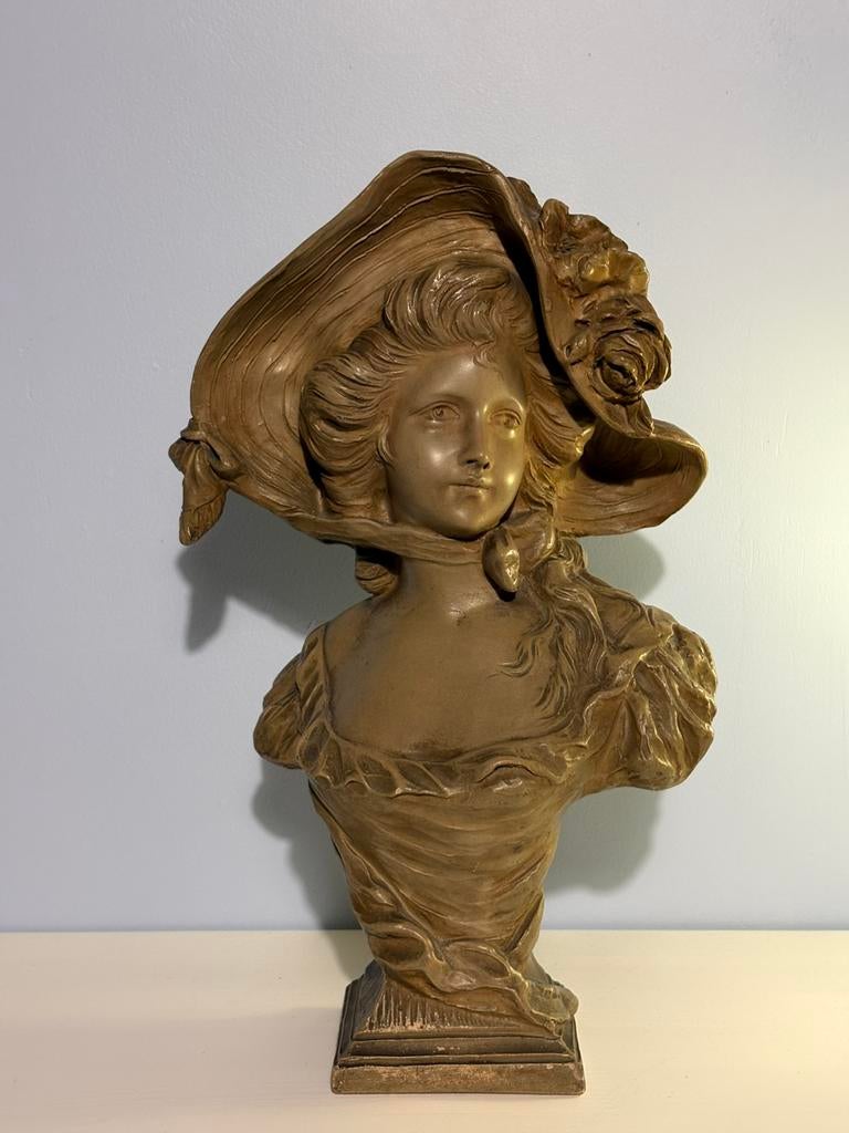 Buste Belle Époque / Art nouveau en terre cuite  Lefèvre, Enlèvement ou Envoi, Buste