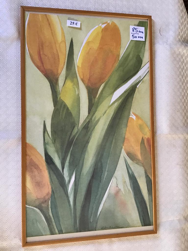 belle aquarelle avec des tulipes mesurant 85 x 50 cm, Maison & Meubles, Enlèvement ou Envoi, Comme neuf