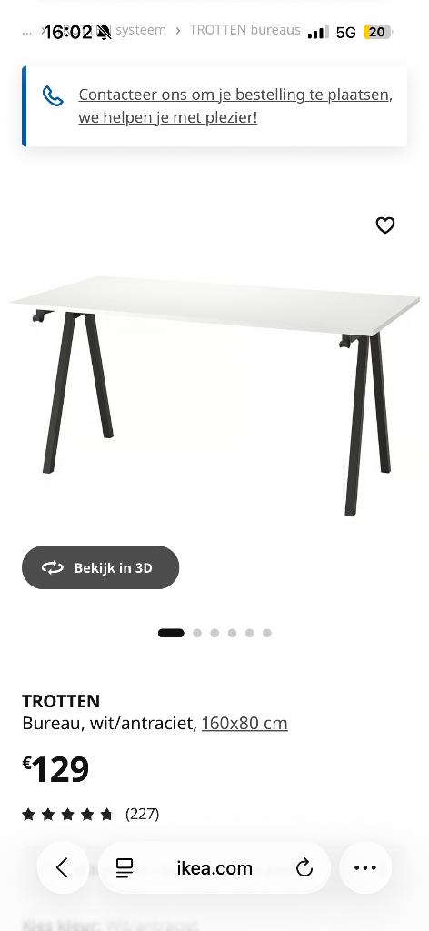 TROTTEN Bureau, wit/antraciet, 160x80 cm, Ophalen, Zo goed als nieuw