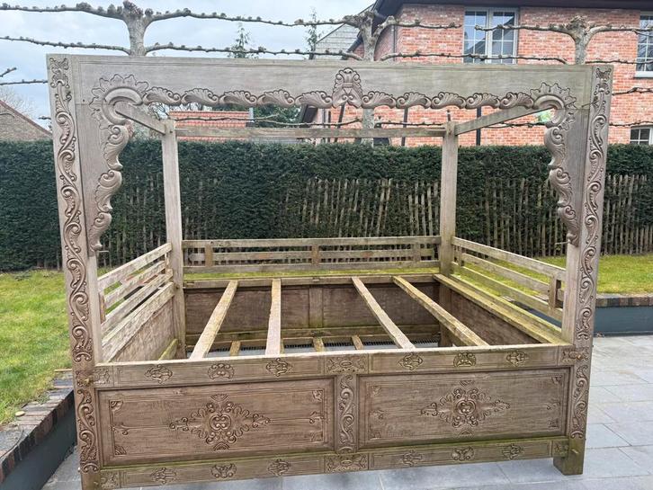 Authentiek Balinees hemelbed – massief teak – handgesneden, Maison & Meubles, Chambre à coucher | Lits, Utilisé, Enlèvement