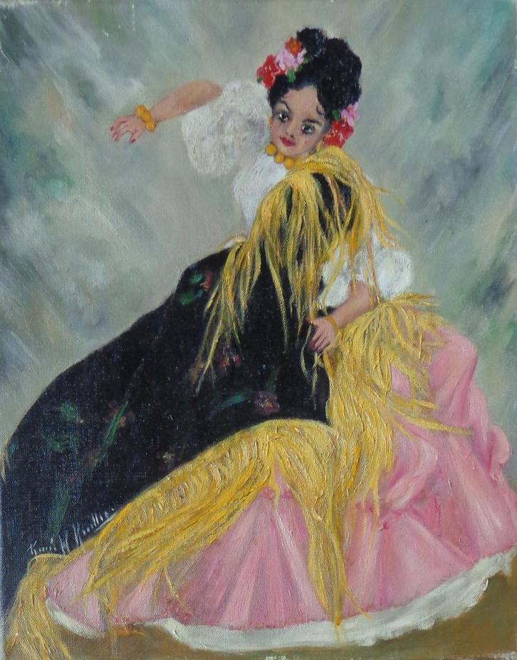 RENEE W. KUELLER / SPAANSE SCHONE / OLIEVERF DOEK / 50x40cm, Antiquités & Art, Art | Peinture | Moderne, Enlèvement ou Envoi