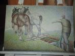 Schilderij "Ploegende boer met 2 paarden", Ophalen of Verzenden