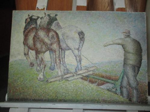 Schilderij "Ploegende boer met 2 paarden", Antiek en Kunst, Kunst | Schilderijen | Klassiek, Ophalen of Verzenden