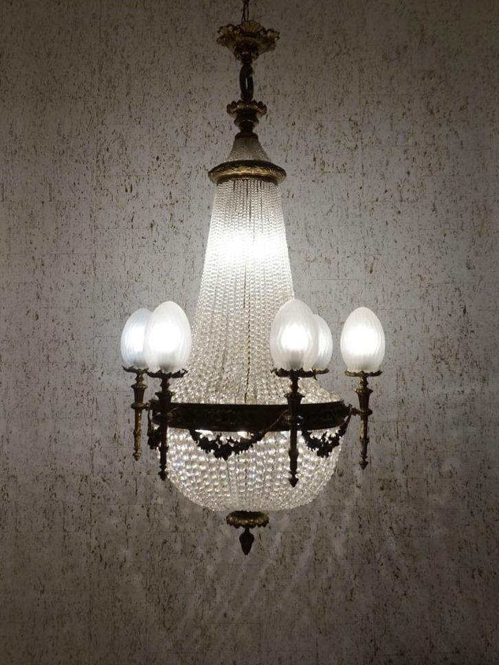Grote kristallen Zakkroonluchter/ Kasteellamp Sac-a-perle, Antiek en Kunst, Antiek | Verlichting, Ophalen of Verzenden