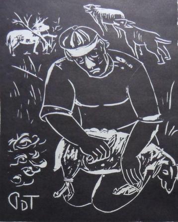 PROSPER DE TROYER / BOZE HERDER / ZW-W LINOSNEDE / 36x31cm  beschikbaar voor biedingen