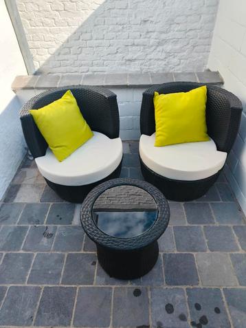 Terras balkon set tuin (stoelen, tafel en kussens), Enlèvement, Comme neuf