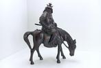 antiek brons beeld met cloisonné ruiter met paard, Ophalen of Verzenden, Brons