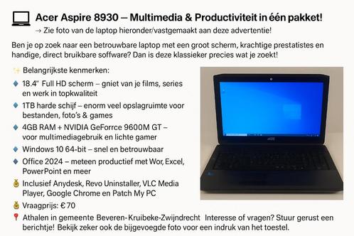 Acer Aspire 8930, Computers en Software, Windows Laptops, Refurbished, 17 inch of meer, HDD, 4 GB, Azerty, Met videokaart, Ophalen