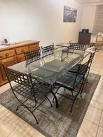 Gietijzeren tafel met glazen blad en 6 stoelen, Ophalen