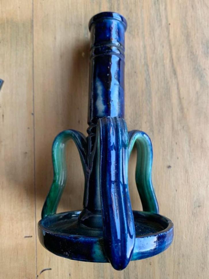 Brugs aardewerk, Kandelaar met 3 oortjes met Mooie kleuren., Antiek en Kunst, Antiek | Keramiek en Aardewerk, Ophalen of Verzenden