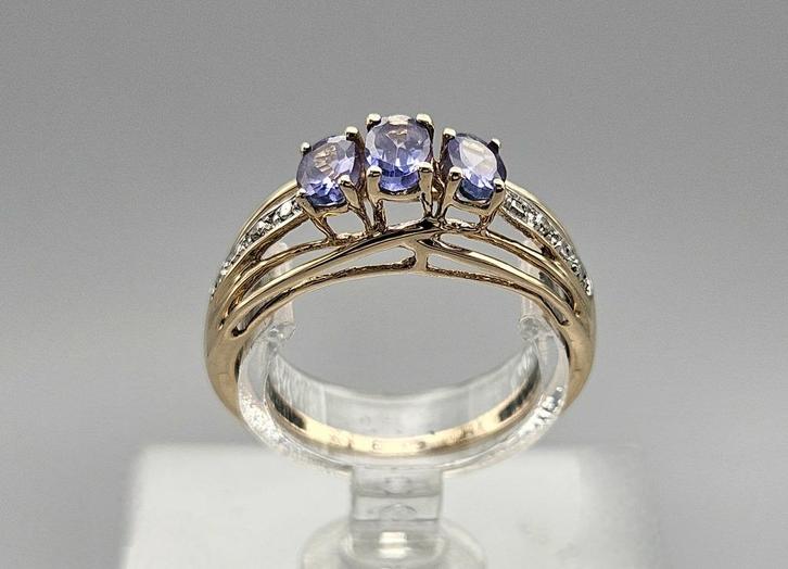 Gouden Vintage ring edelsteen tanzaniet en diamant.2024/643., Handtassen en Accessoires, Ringen, Zo goed als nieuw, Dame, Kleiner dan 17