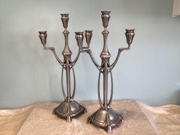 2 kandelaars in tin Art Nouveau A. Gamba. 099/Aa. beschikbaar voor biedingen