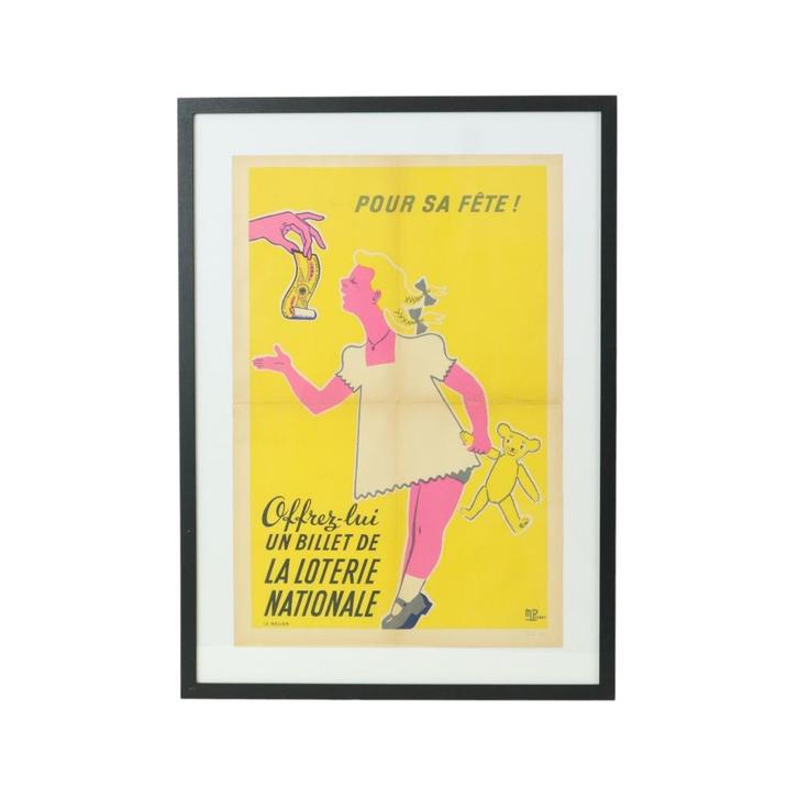 Vintage Ingelijste Poster Loterie France Fifties Reclame, Verzamelen, Posters, Gebruikt, Reclame, Rechthoekig Staand, Met lijst