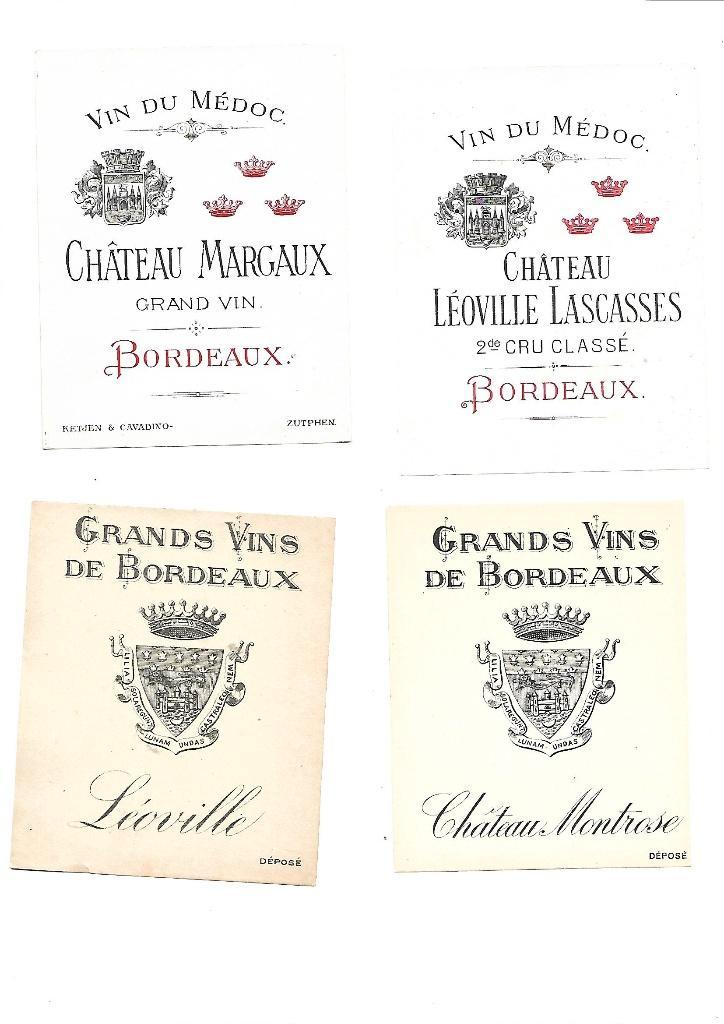 Lot van 4 zeer oude wijnetiketten Gr. Cru Classes, Verzamelen, Wijnen, Zo goed als nieuw, Rode wijn, Frankrijk, Ophalen of Verzenden