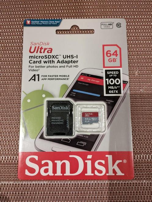 SanDisk Ultra 64GB - MICRO SDXC - Geheugenkaart - A1, Audio, Tv en Foto, Foto | Geheugenkaarten, Nieuw, SD, 64 GB, Smartphone
