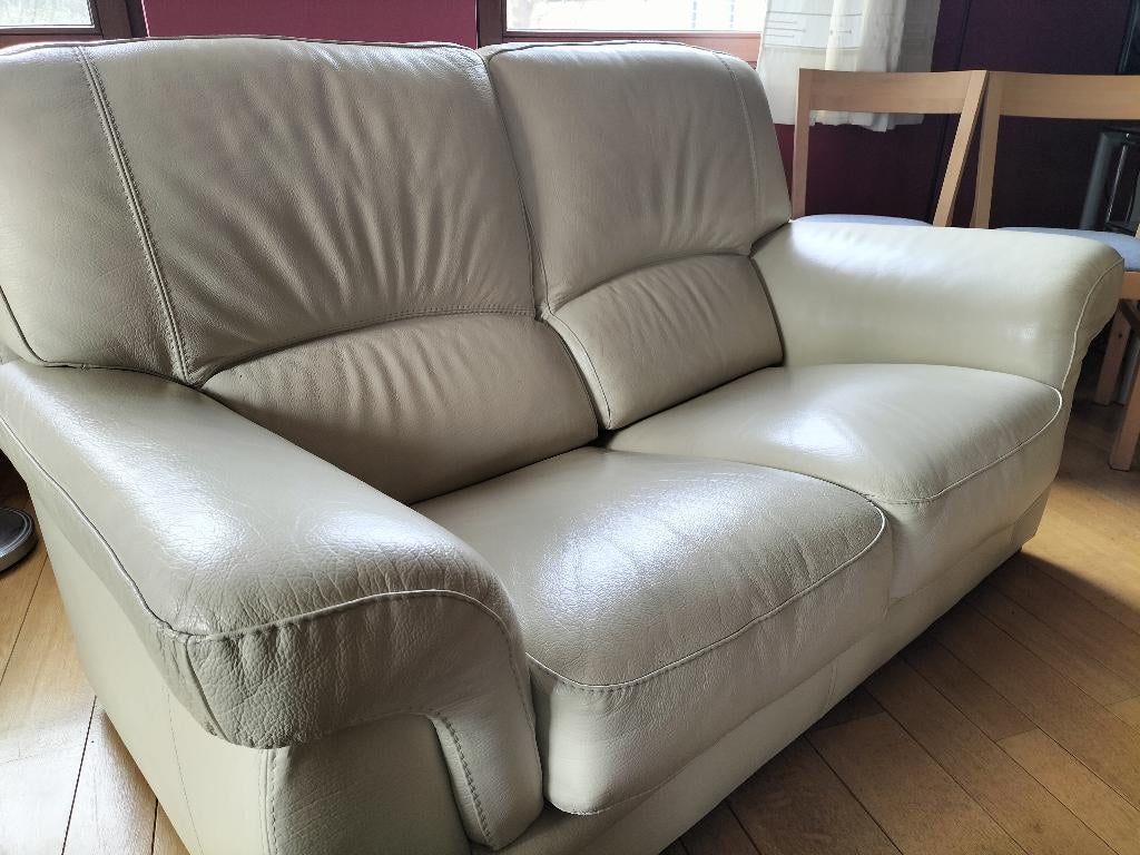 Canapé en cuir impeccable, 2 places, beige clair, 75 à 100 cm, Moins de 150 cm, Banc droit, Comme neuf