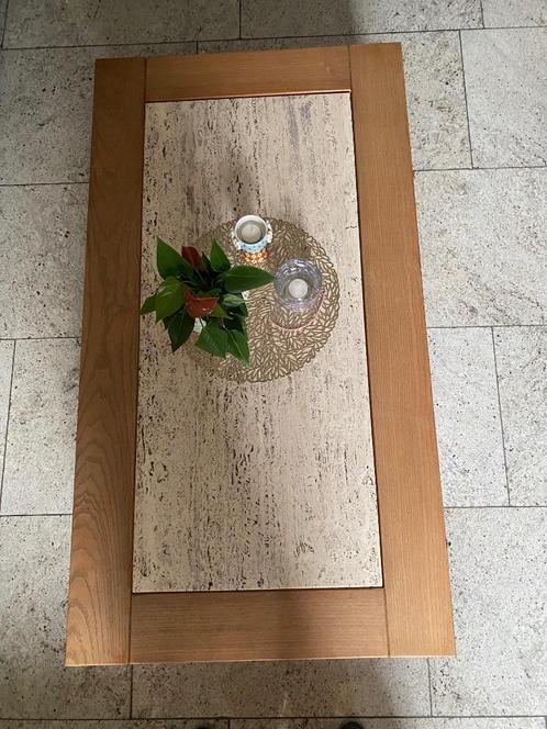Salontafel in hout en marmer, Huis en Inrichting, Tafels | Salontafels, Gebruikt, Minder dan 50 cm, 50 tot 100 cm, 100 tot 150 cm