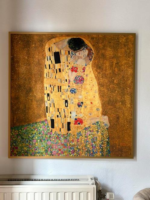 Tableau Baiser Klimt, peint main, 92x92 - cadre doré mat., Antiek en Kunst, Kunst | Schilderijen | Abstract, Ophalen