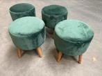 4x groen velours krukje met houten poten, Ophalen, Gebruikt
