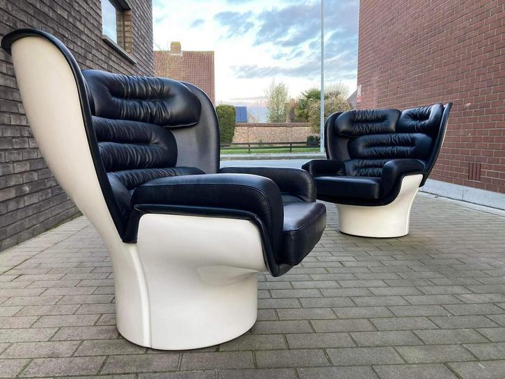 2x Joe Colombo Elda Chair Black leather, White fiberglass, Huis en Inrichting, Zetels | Voetbanken en poefs, Ophalen of Verzenden