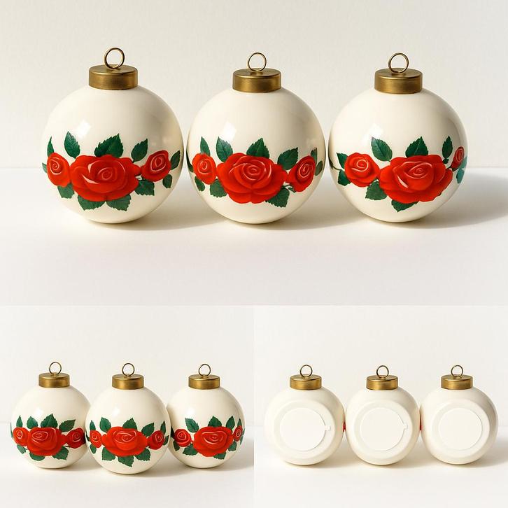 3 authentieke vintage keramische kerstballen met rode rozen, Verzamelen, Complete verzamelingen en Collecties, Ophalen of Verzenden