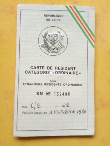 Zaïre carte résident étrangers ex - Congo Belge Belgique 