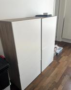 Moderne opbergkasten commode - wit/hout met glazen legplank, Huis en Inrichting, Ophalen, Gebruikt, 100 tot 150 cm, Meerdere deuren