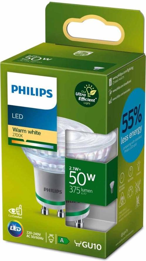 Philips LED spot ultra efficient / 2W / GU10 / 2700K / 36D, Huis en Inrichting, Lampen | Losse lampen, Nieuw, Led-lamp, 30 tot 60 watt