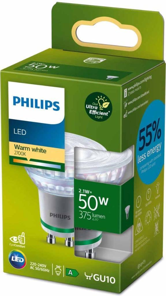 Philips LED spot ultra efficient / 2W / GU10 / 2700K / 36D, Maison & Meubles, Lampes | Lampes en vrac, Neuf, Ampoule LED, 30 à 60 watts