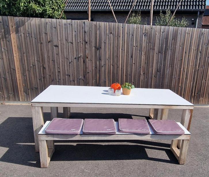 Unieke, Ambachtelijke Tuinset met Tijdloze Uitstraling, Tuin en Terras, Tuinsets en Loungesets, Gebruikt, Tuinset, Hardhout, Meer dan 8 zitplaatsen