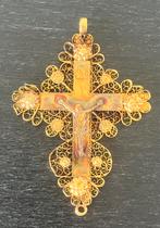 Goud gouden antiek Vlaams kruis filigrain 6cm ( rond 1700 ), Or, Enlèvement ou Envoi