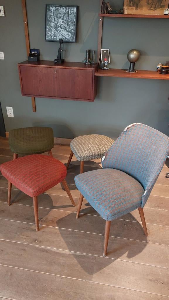 Set vintage thonet-style stoel kruk voetbankje, Maison & Meubles, Chaises, Quatre, Bois, Tissus, Enlèvement