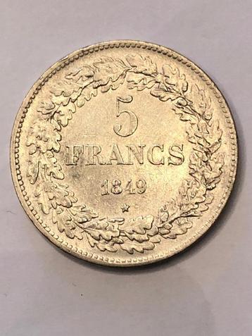 Munt zilver België 5 FR Leop I gelauwerd jaartal 1849