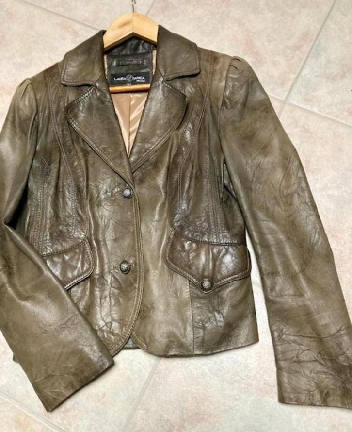 Olijfgroen lederen vestje met fijne details, Kleding | Dames, Jasjes, Kostuums en Pakken, Gedragen, Jasje, Maat 36 (S), Groen