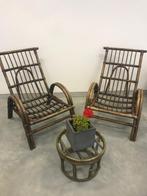 2 Vintage rieten/rotan/bamboe zetels en bijzettafel, Tuin en Terras, Overige materialen, Gebruikt, Bijzettafel, Loungeset