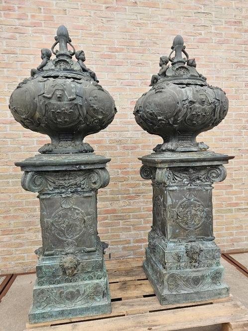 BRONZEN EXCLUSIEVE ZUILEN MET VAZEN ZEER ZWAAR BRONS TOPSTUK, Tuin en Terras, Tuinvazen, Zo goed als nieuw, Ophalen of Verzenden
