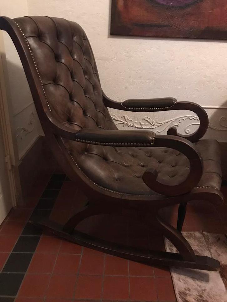 Chesterfield schommelstoel groen leder jaren zestig, Huis en Inrichting, Fauteuils, Ophalen