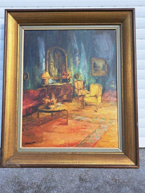 Huile sur panneau interieur signe j brouwers, Antiek en Kunst, Kunst | Schilderijen | Klassiek, Ophalen of Verzenden