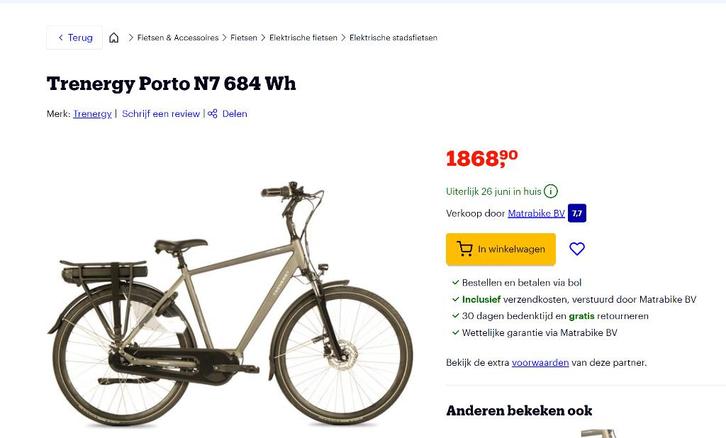 Trenergy Porto N7 684 Wh Als Nieuwstaat 900 Km, Fietsen en Brommers, Elektrische fietsen, Zo goed als nieuw, 59 cm of meer, 50 km per accu of meer
