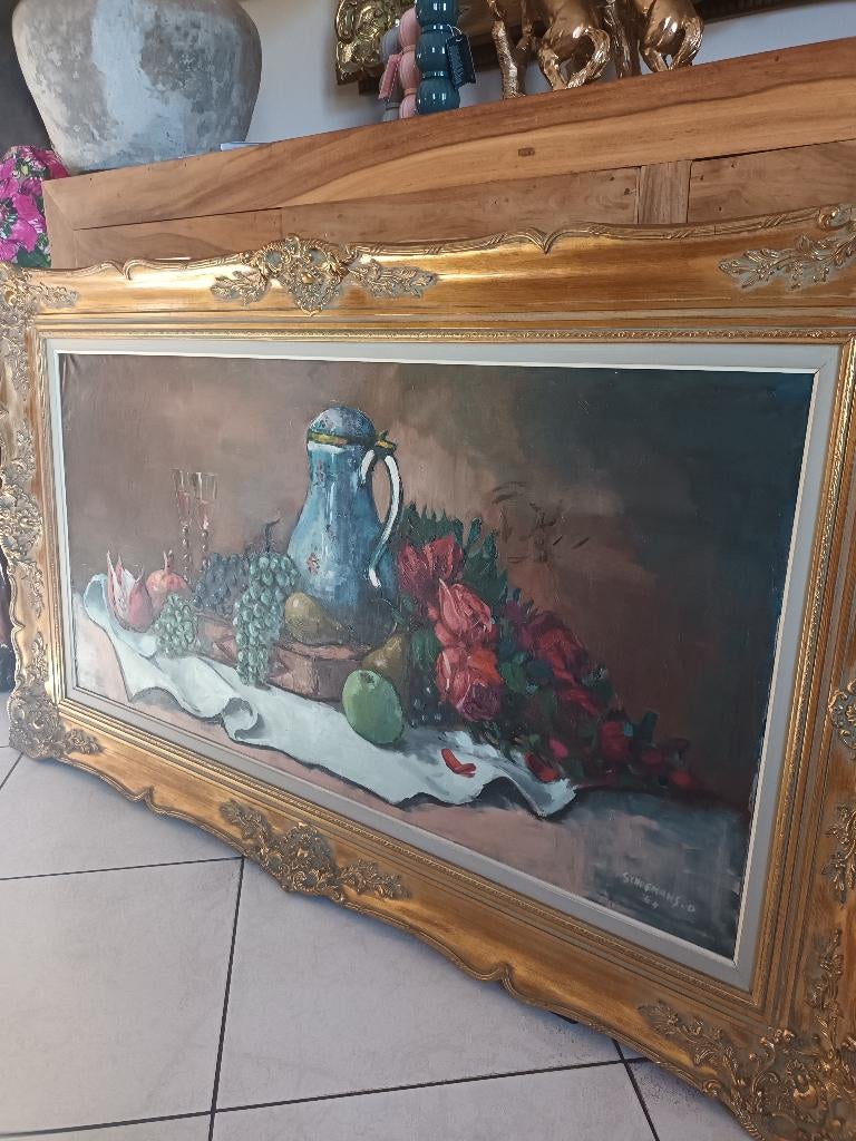 Schilderij bloemen/druiven , ( schoemans octaaf ) groot., Ophalen