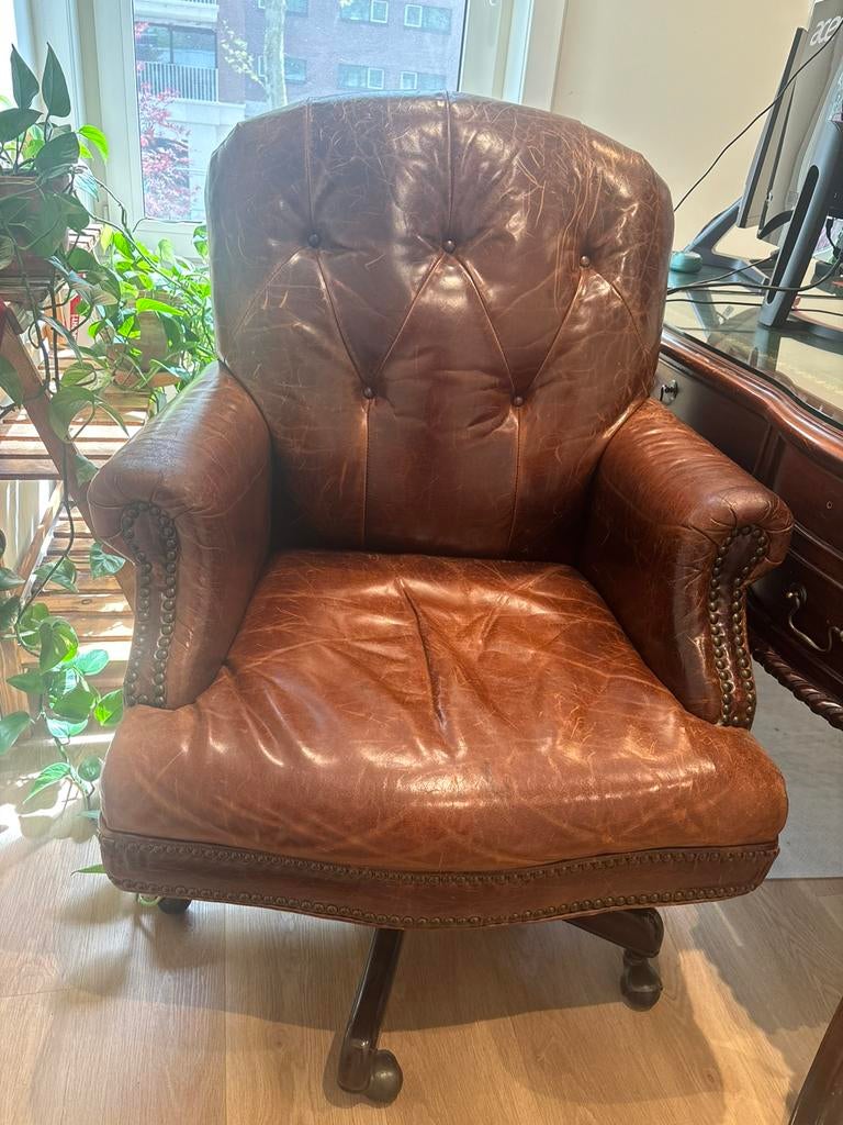 Hammary leren fauteuil – vintage clubstijl – bruin, Enlèvement, Comme neuf, Cuir