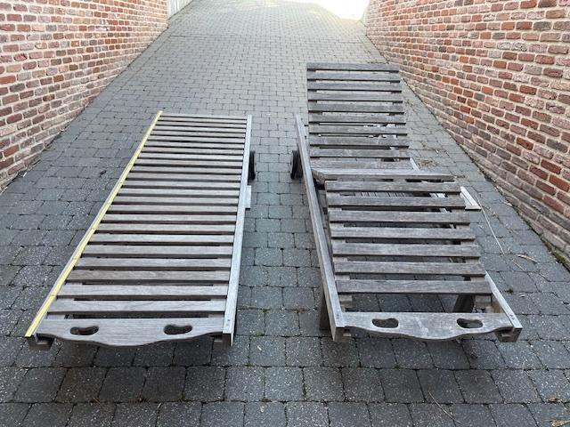 Ligzetels teak in zeer goede staat (Bristol teak), Tuin en Terras, Ligbedden, Zo goed als nieuw, Teakhout, Verstelbaar, Verrijdbaar