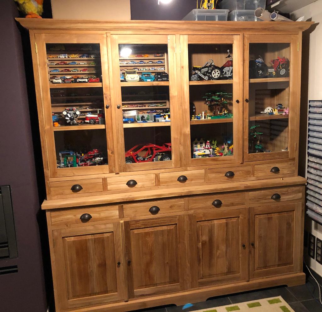 Teak vitrinekast 211x212x53 cm, Teck, 200 cm ou plus, Avec tablette(s), Enlèvement