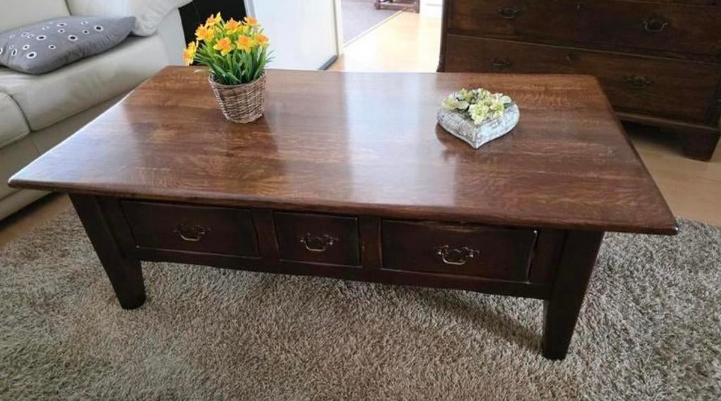 Stevige, Perfect Eiken /Teak Salontafel. Onbeschadigd., Enlèvement, Comme neuf, Rectangulaire, Chêne