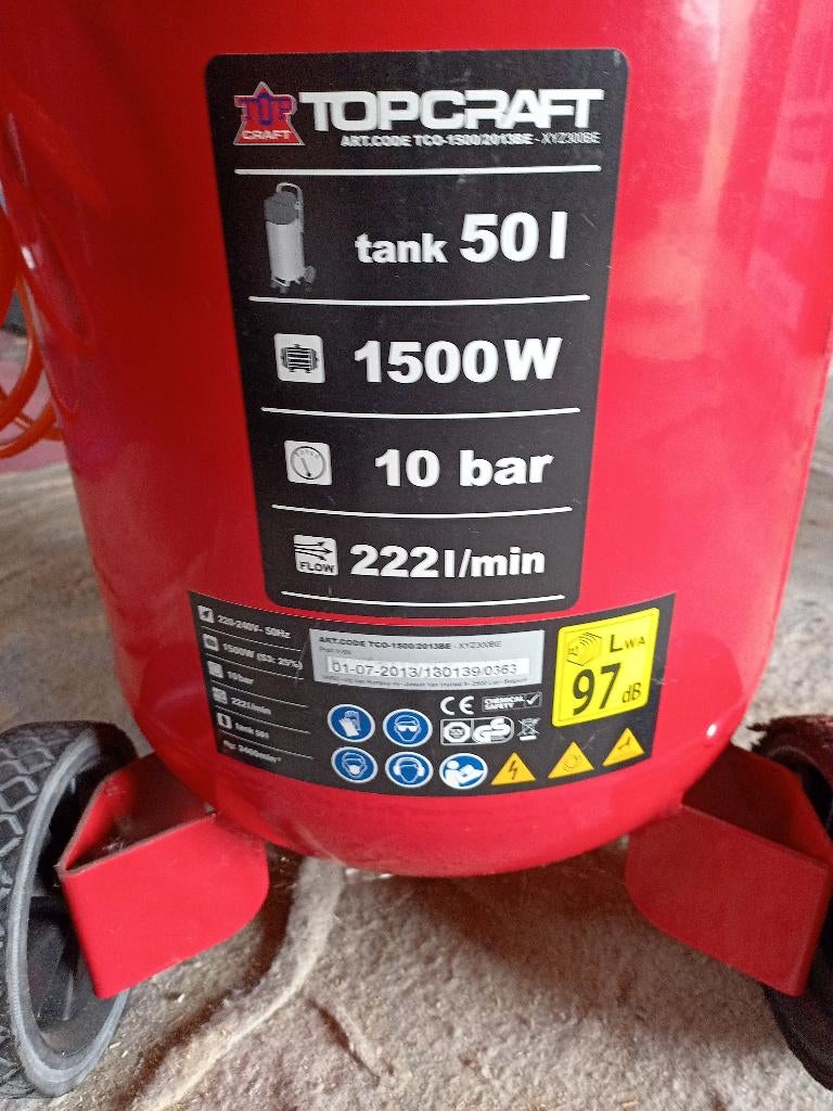 Compressor TopCraft, Doe-het-zelf en Bouw, Ophalen, Gebruikt, 10 bar of meer, 25 tot 100 liter