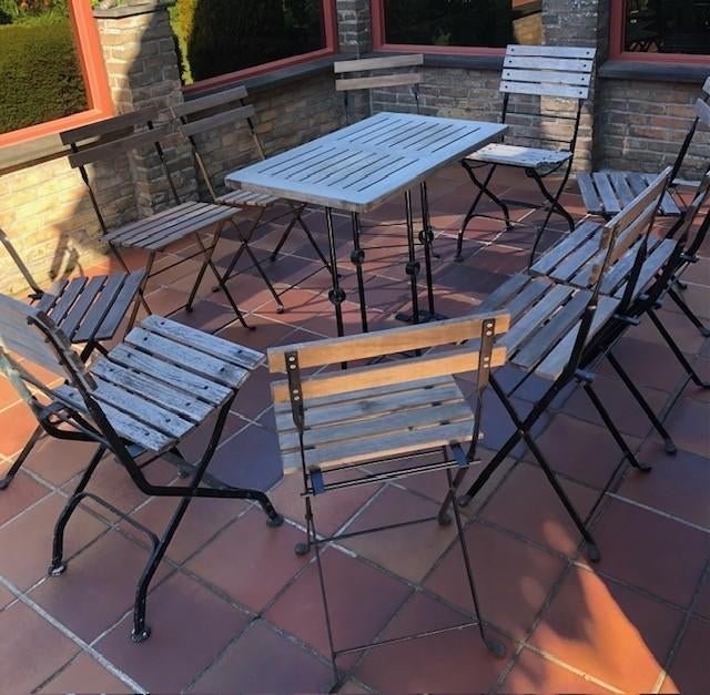 TERRASTAFELTJE MET 8 KLEINE STOELEN EN 2 GROTERE, Tuin en Terras, Tuinstoelen, Ophalen, Gebruikt, Overige materialen, Inklapbaar