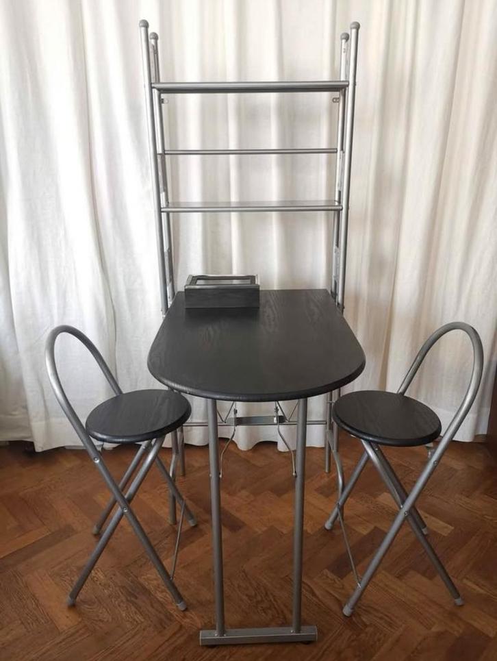 Table pliante avec 2 chaises, Maison & Meubles, Tabourets de bar, Comme neuf, 90 cm ou plus, Bois, Métal, 2 tabourets, Réglable en hauteur